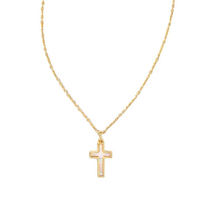 Kendra Scott Cross Yellow Gold Plated Pendant Necklace in White Kyocera Opal