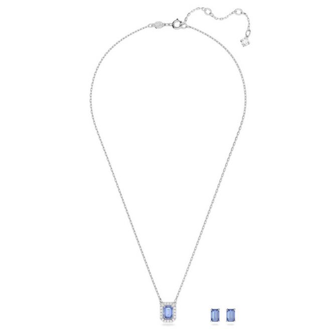 Swarvoski Millenia Octagon Cut Earring and Necklace Set, Blue and Rhodium Plated