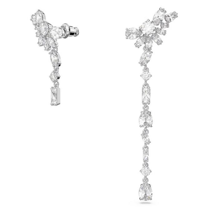 Swarvoski Gema Asymmetrical Design Mixed Cut Flower Long Drop Earrings, White and Rhodium Plated