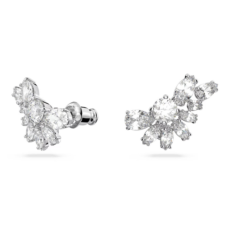 Swarvoski Gema Asymmetrical Design Mixed Cut Flower Long Drop Earrings, White and Rhodium Plated