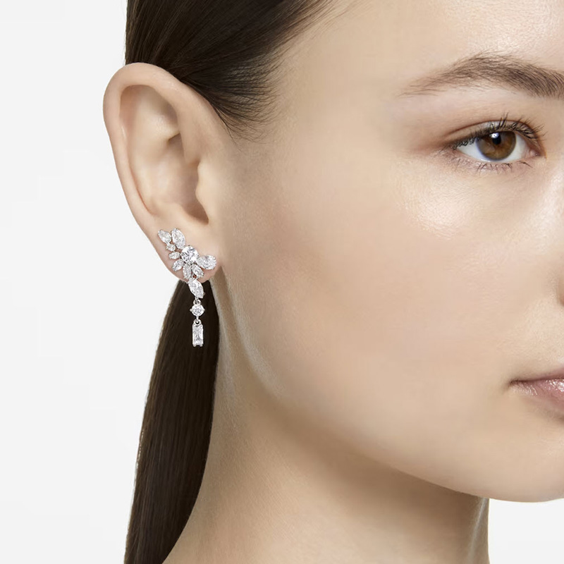 Swarvoski Gema Asymmetrical Design Mixed Cut Flower Long Drop Earrings, White and Rhodium Plated