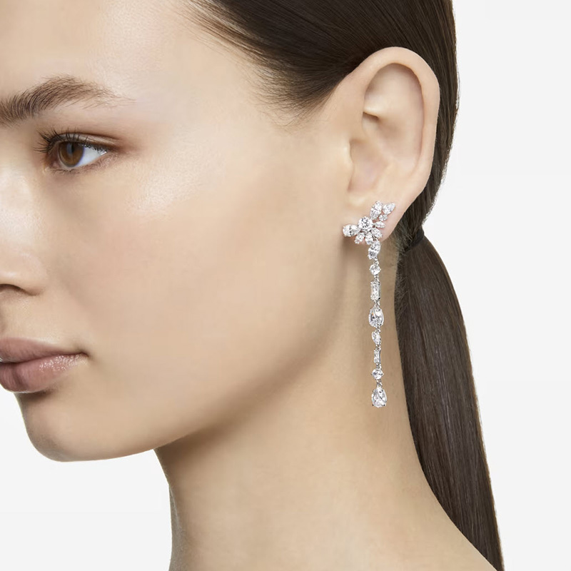 Swarvoski Gema Asymmetrical Design Mixed Cut Flower Long Drop Earrings, White and Rhodium Plated