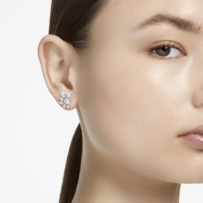 Swarvoski Gema Mixed Cuts Flower Stud Earrings, White and Rhodium Plated