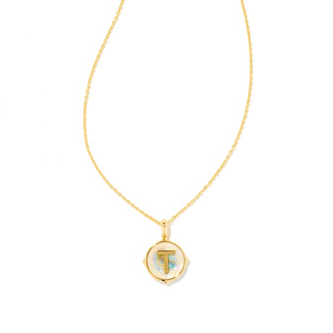 Kendra Scott Yellow Gold Plated Letter T Disc Pendant Necklace in Iridescent Abalone