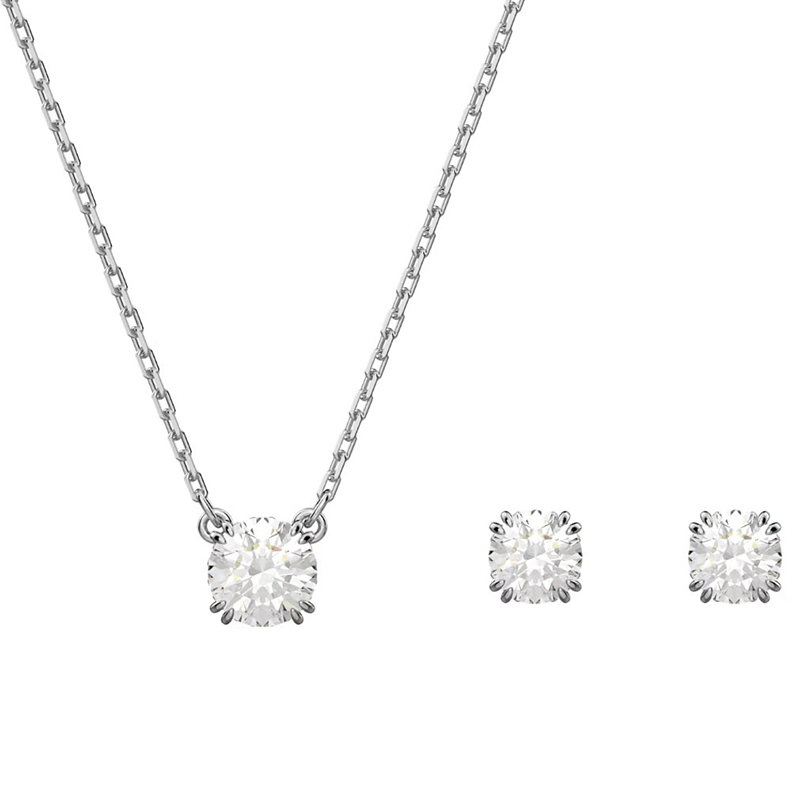 Swarovski Constella Round Cut Necklace and Stud Earring Set White and Rhodium Tone 5647663 Borsheims