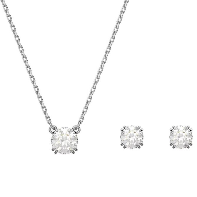 Swarovski Constella Round Cut Necklace and Stud Earring Set, White and Rhodium Tone