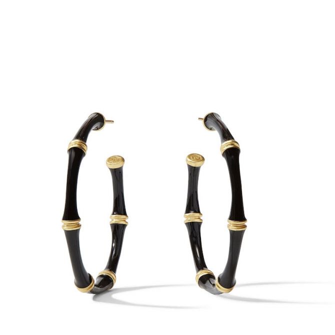 Julie Vos Bamboo Medium Hoop Earrings, Obsidian Black Enamel