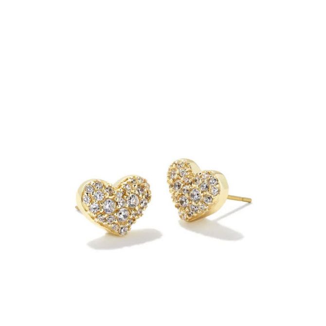 Kendra Scott Ari Gold Tone Pave Crystal Heart Earrings in White Crystal