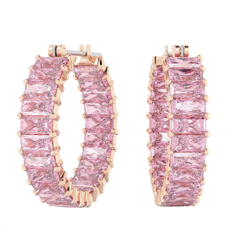Swarovski Matrix Baguette Cut Hoop Earrings, Pink and Rose Gold Tone Plated