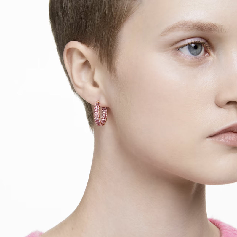 Swarovski Matrix Baguette Cut Hoop Earrings, Pink and Rose Gold Tone Plated