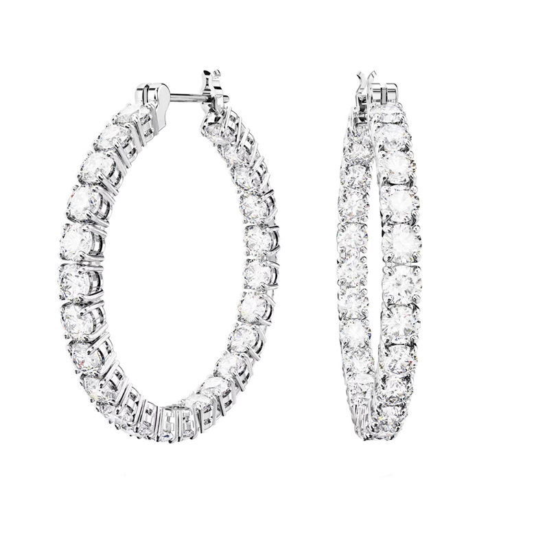 Swarovski Matrix Round Cut Medium Hoop Earrings, White and Rhodium Plated