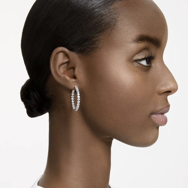 Swarovski Matrix Round Cut Medium Hoop Earrings, White and Rhodium Plated
