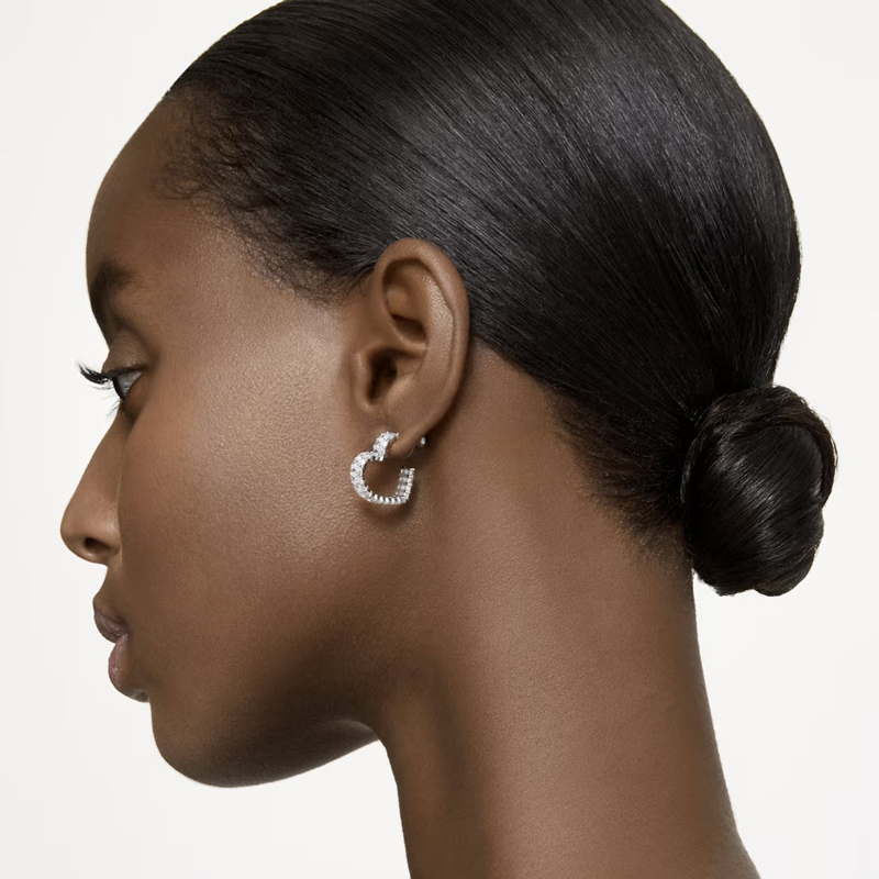 Swarovski Matrix Heart Small Hoop Earrings, White and Rhodium Plated