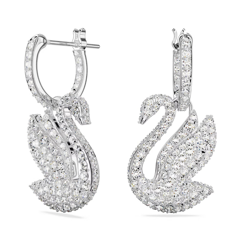 Swarovski Iconic Swan Drop Earrings, White and Rhodium Gold Tone Plated