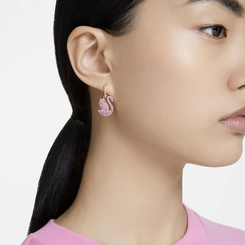 Swarovski Iconic Swan Drop Earrings, Pink and Rose Gold Tone Plated