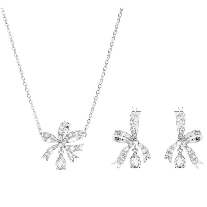 Swarovski Volta Bow Earring and Necklace Set, White and Rhodium Plated