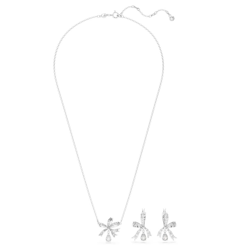 Swarovski Volta Bow Earring and Necklace Set, White and Rhodium Plated