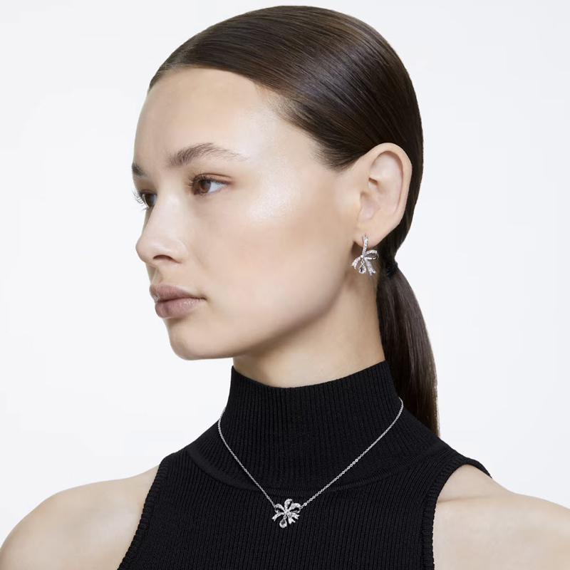 Swarovski Volta Bow Earring and Necklace Set, White and Rhodium Plated