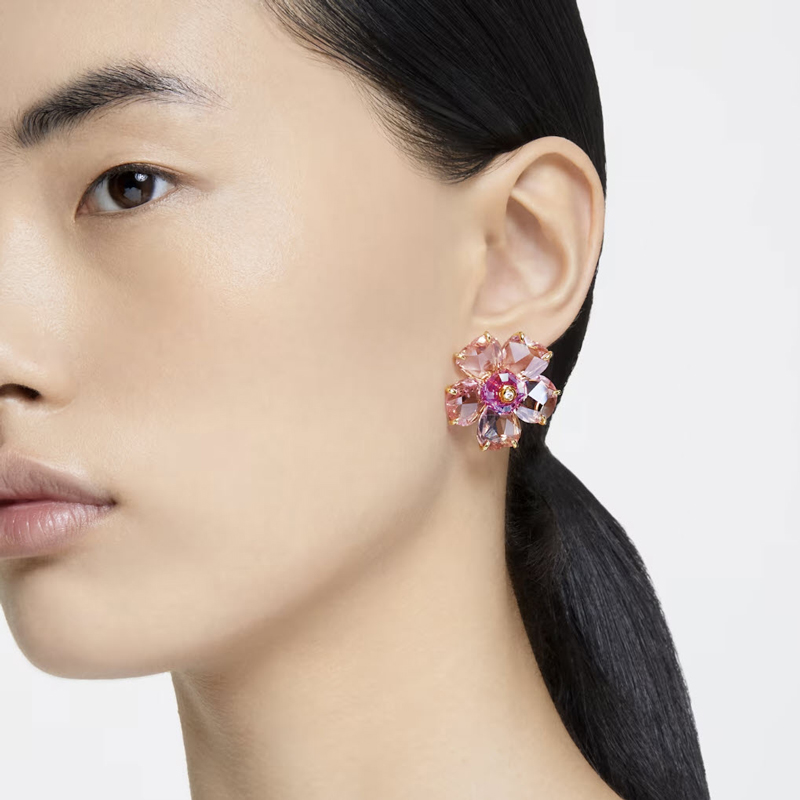 Swarovski Florere Flower Stud Earrings, Pink and Gold Tone Plated