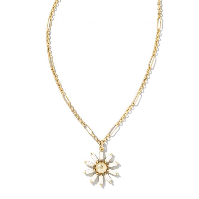 Kendra Scott Madison Daisy Yellow Gold Plated Short Pendant Necklace in White Opaque Glass