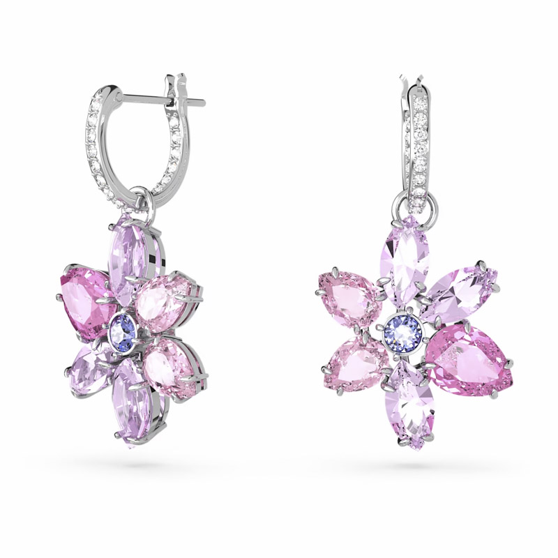 Swarovski Mixed Cuts Flower Gema Drop Earrings, Pink and Rhodium Plated