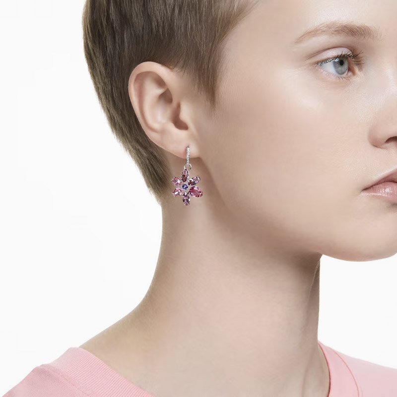 Swarovski Mixed Cuts Flower Gema Drop Earrings, Pink and Rhodium Plated