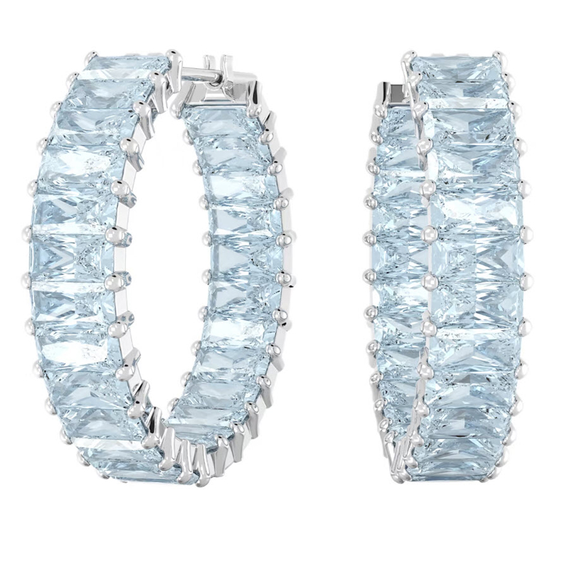 Swarovski Matrix Baguette Cut Hoop Earrings, Blue and Rhodium Plated