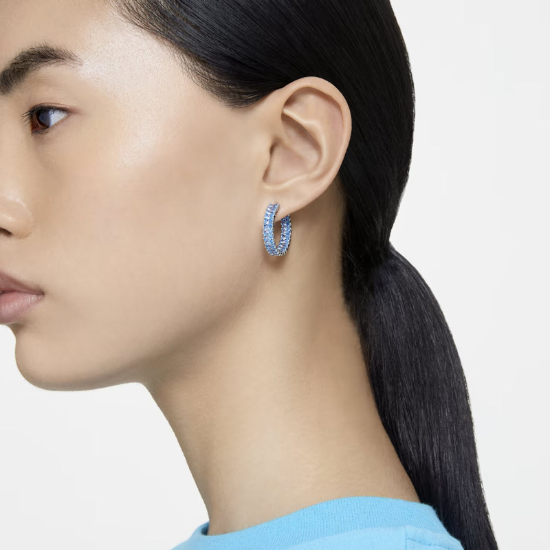 Swarovski Matrix Baguette Cut Hoop Earrings, Blue and Rhodium Plated
