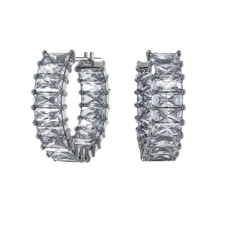 Swarovski Matrix Baguette Cut Hoop Earrings, Grey and Ruthenium Plated