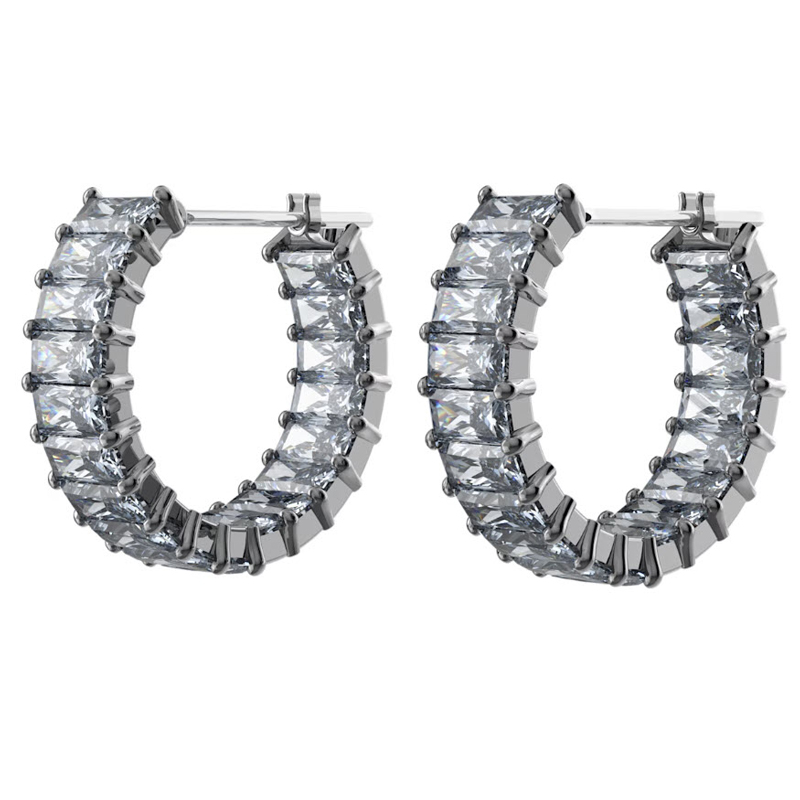 Swarovski Matrix Baguette Cut Hoop Earrings, Grey and Ruthenium Plated