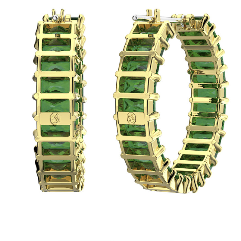 Swarovski Matrix Baguette Hoop Earrings, Green and Gold Tone Plated