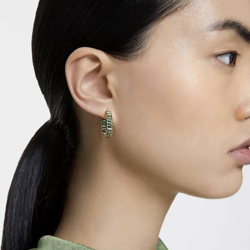 Swarovski Matrix Baguette Hoop Earrings, Green and Gold Tone Plated
