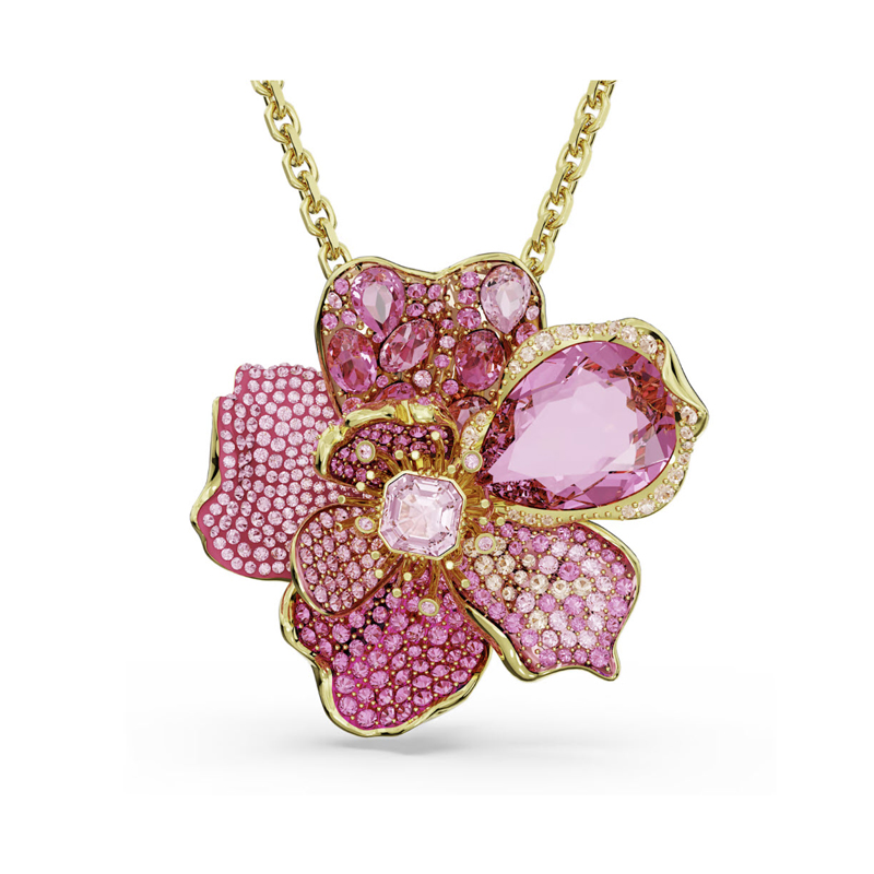 Swarovski Florere Pave Flower Pendant and Brooch, Pink and Gold Tone Plated