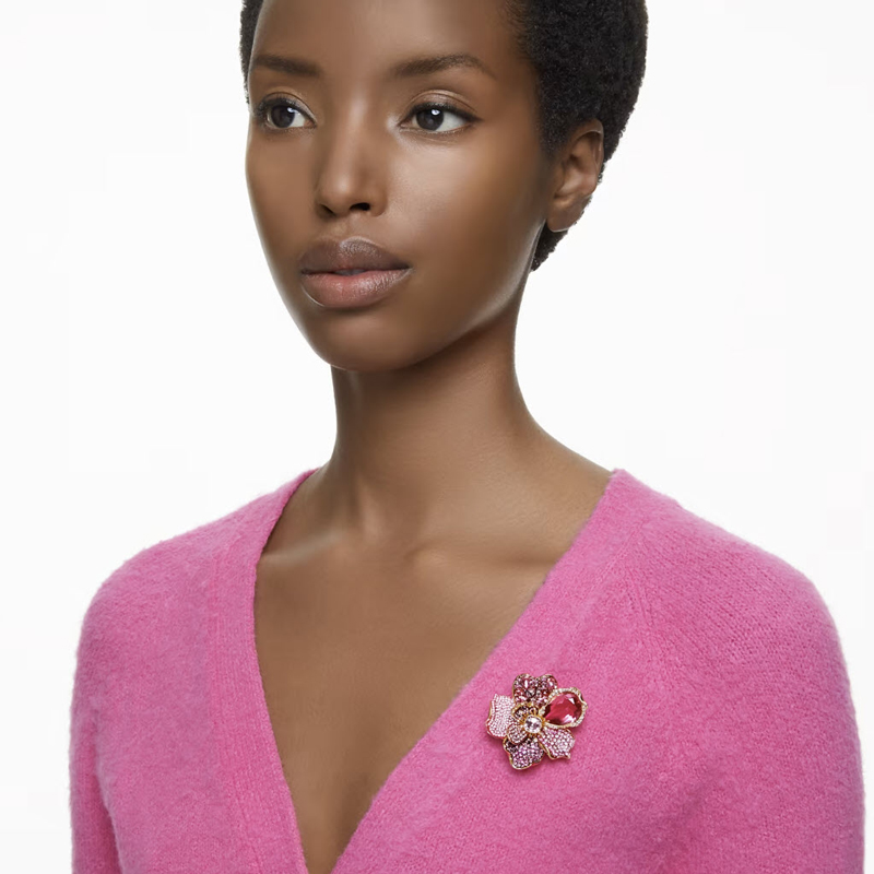 Swarovski Florere Pave Flower Pendant and Brooch, Pink and Gold Tone Plated