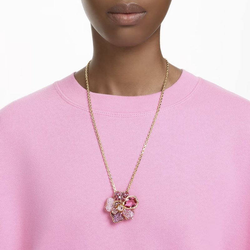 Swarovski Florere Pave Flower Pendant and Brooch, Pink and Gold Tone Plated