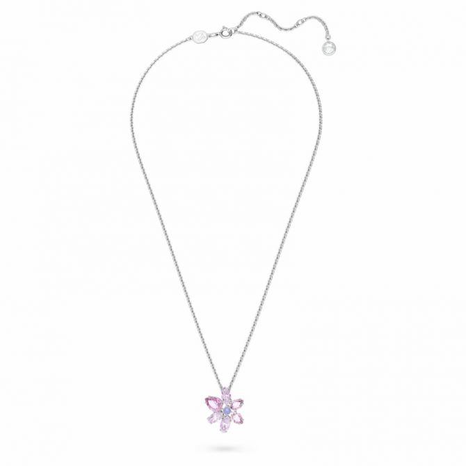 Swarovski Mixed Cuts Flower Gema Pendant Necklace, Pink and Rhodium Plated