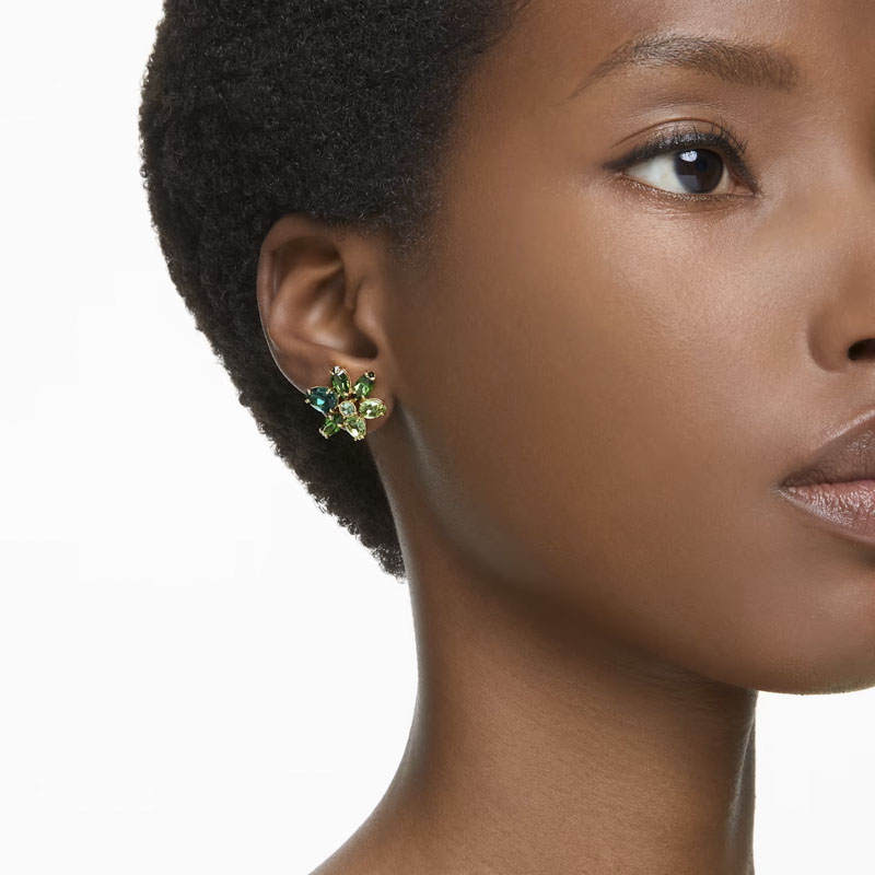 Swarovski Mixed Cuts Flower Gema Stud Earrings, Green and Gold Tone ...