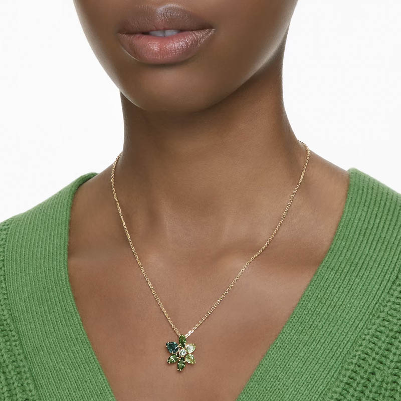 Swarovski Mixed Cuts Flower Gema Pendant Necklace, Green and Gold Tone Plated