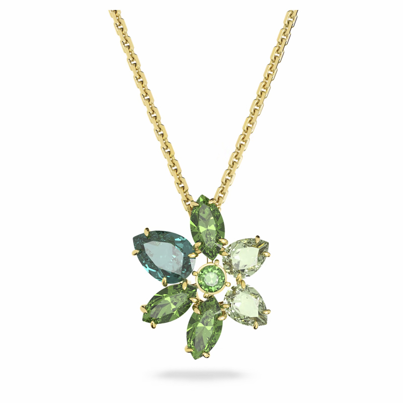Swarovski Mixed Cuts Flower Gema Pendant Necklace, Green and Gold Tone Plated