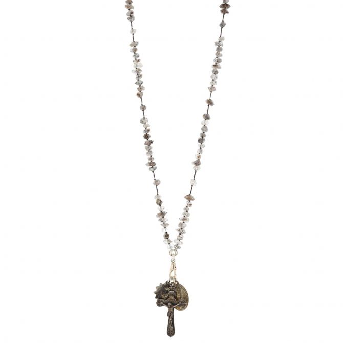 Miracle Icons by Mary Jo Pane Black Herkimer Rosary Necklace