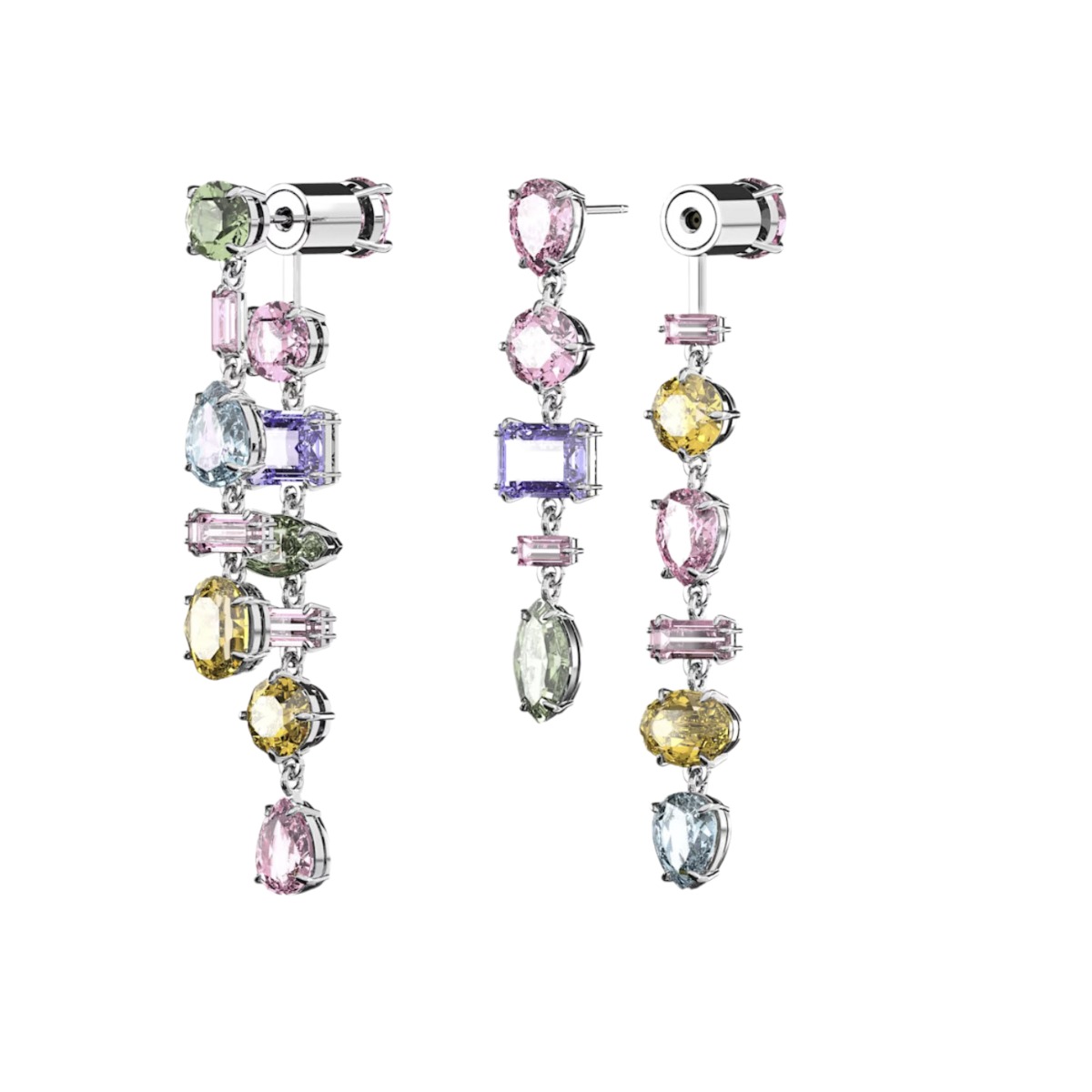 Swarovski Gema Asymmetrical Mixed Cut Long Drop Earrings, Multicolored and Rhodium Plated