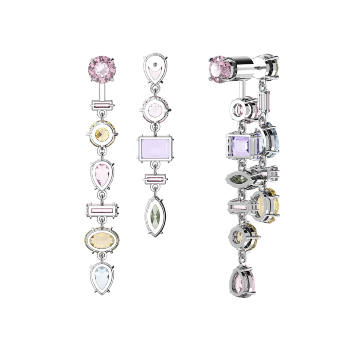 Swarovski Gema Asymmetrical Mixed Cut Long Drop Earrings, Multicolored and Rhodium Plated