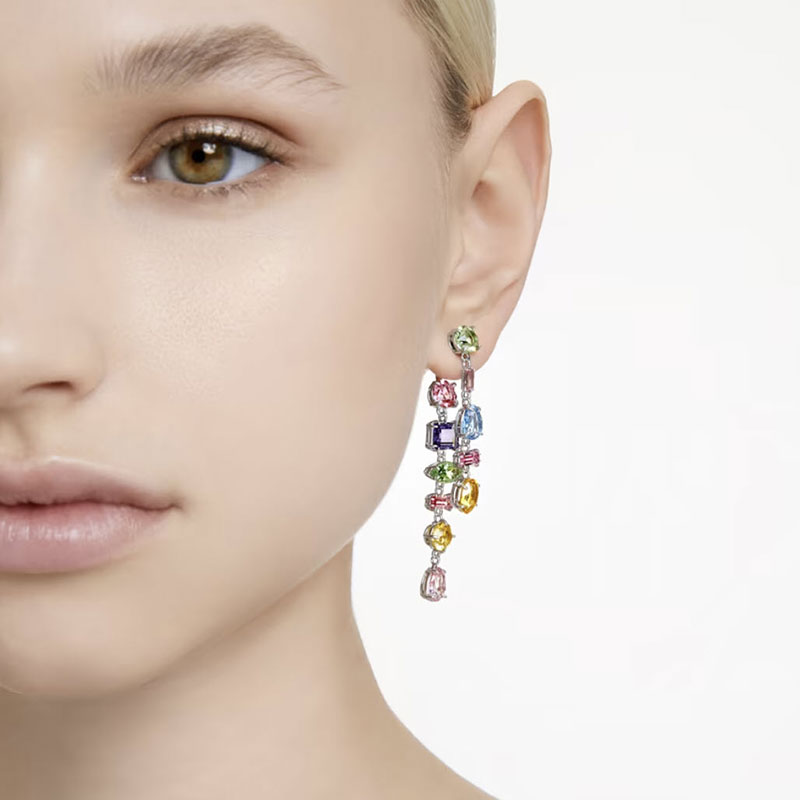 Swarovski Gema Asymmetrical Mixed Cut Long Drop Earrings, Multicolored and Rhodium Plated