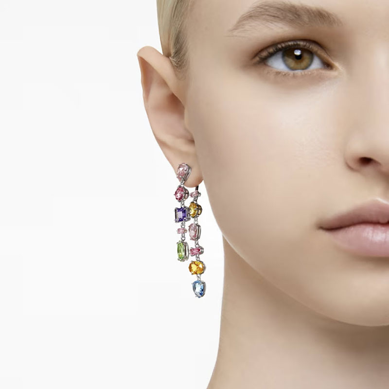 Swarovski Gema Asymmetrical Mixed Cut Long Drop Earrings, Multicolored and Rhodium Plated
