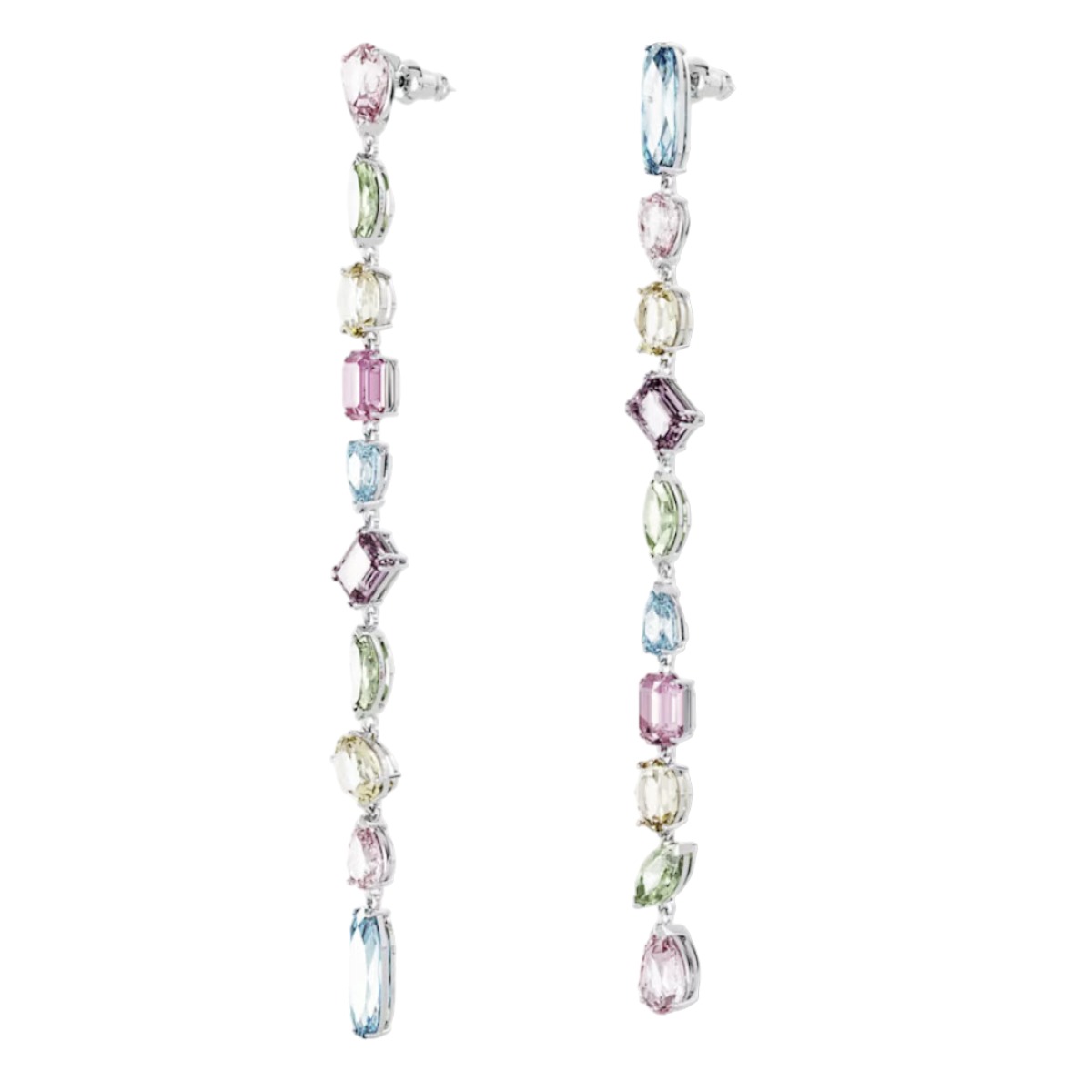 Swarovski Gema Asymmetrical Mixed Cuts Extra Long Drop Earrings, Multicolored and Rhodium Plated