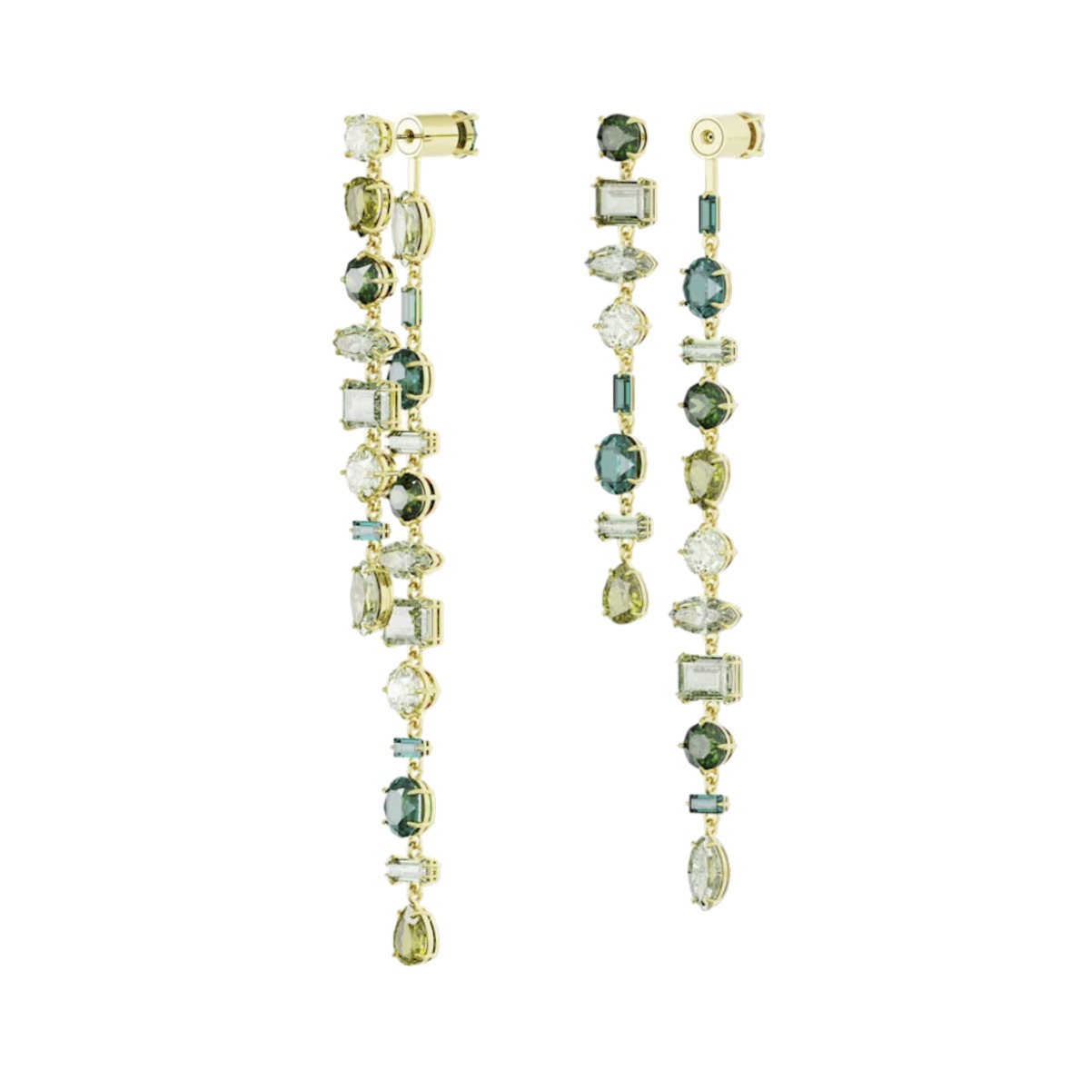 Swarovski Gema Asymmetrical Mixed Cuts Extra Long Drop Earrings, Green and Gold Tone Plated