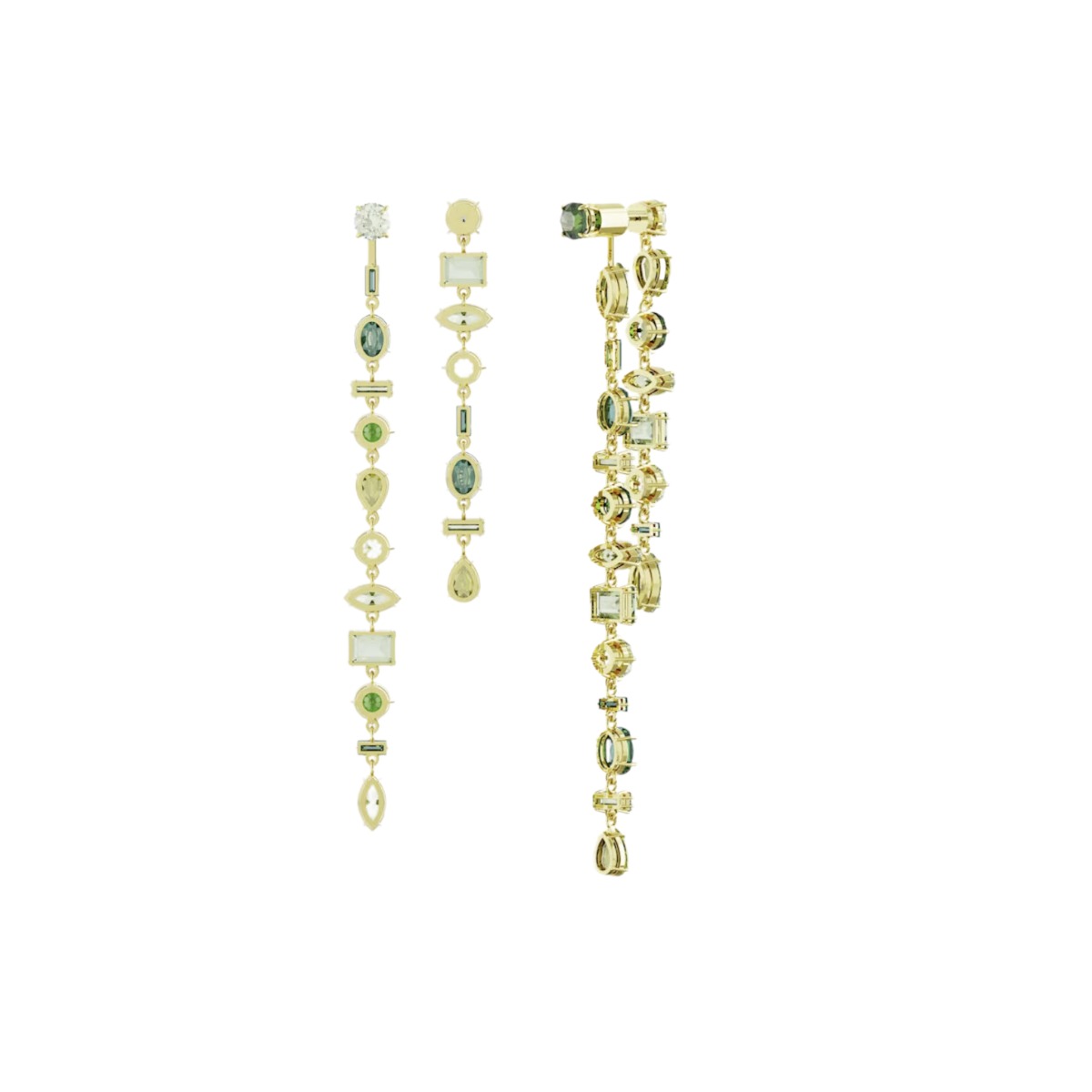 Swarovski Gema Asymmetrical Mixed Cuts Extra Long Drop Earrings, Green and Gold Tone Plated