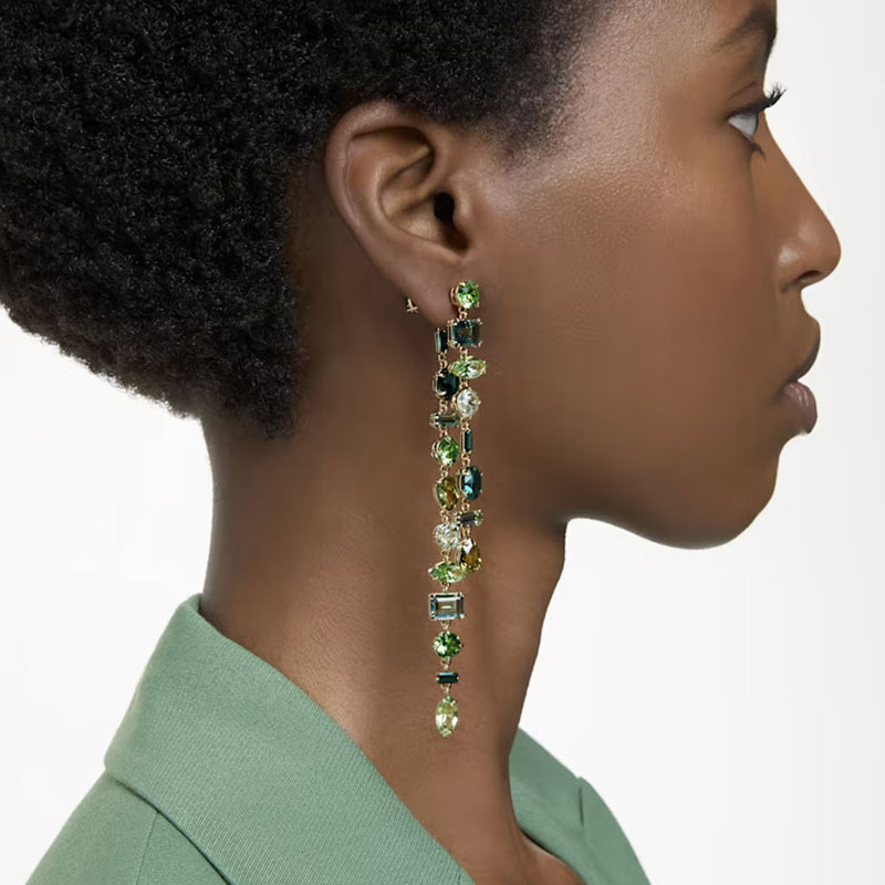 Swarovski Gema Asymmetrical Mixed Cuts Extra Long Drop Earrings, Green and Gold Tone Plated