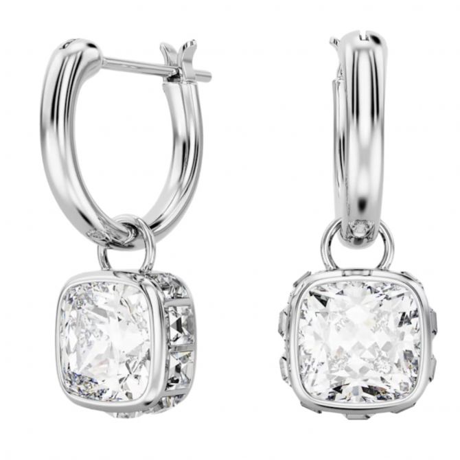 Swarovski Stilla Square Cut Drop Earrings, White and Rhodium Plated