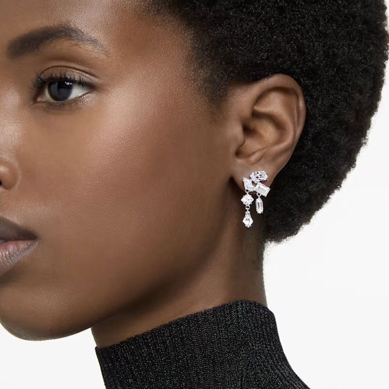 Swarovski Mesmera Mixed Cuts Drop Earrings, White and Rhodium Plated